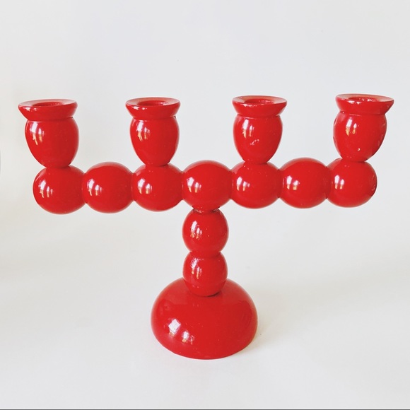 Set of 2 Vintage Swedish Red Wood Ball Candle Holder 4 arm Large Candelabra - Picture 2 of 3